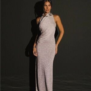 Elma Lurex Knit Halter Maxi Dress- Silver